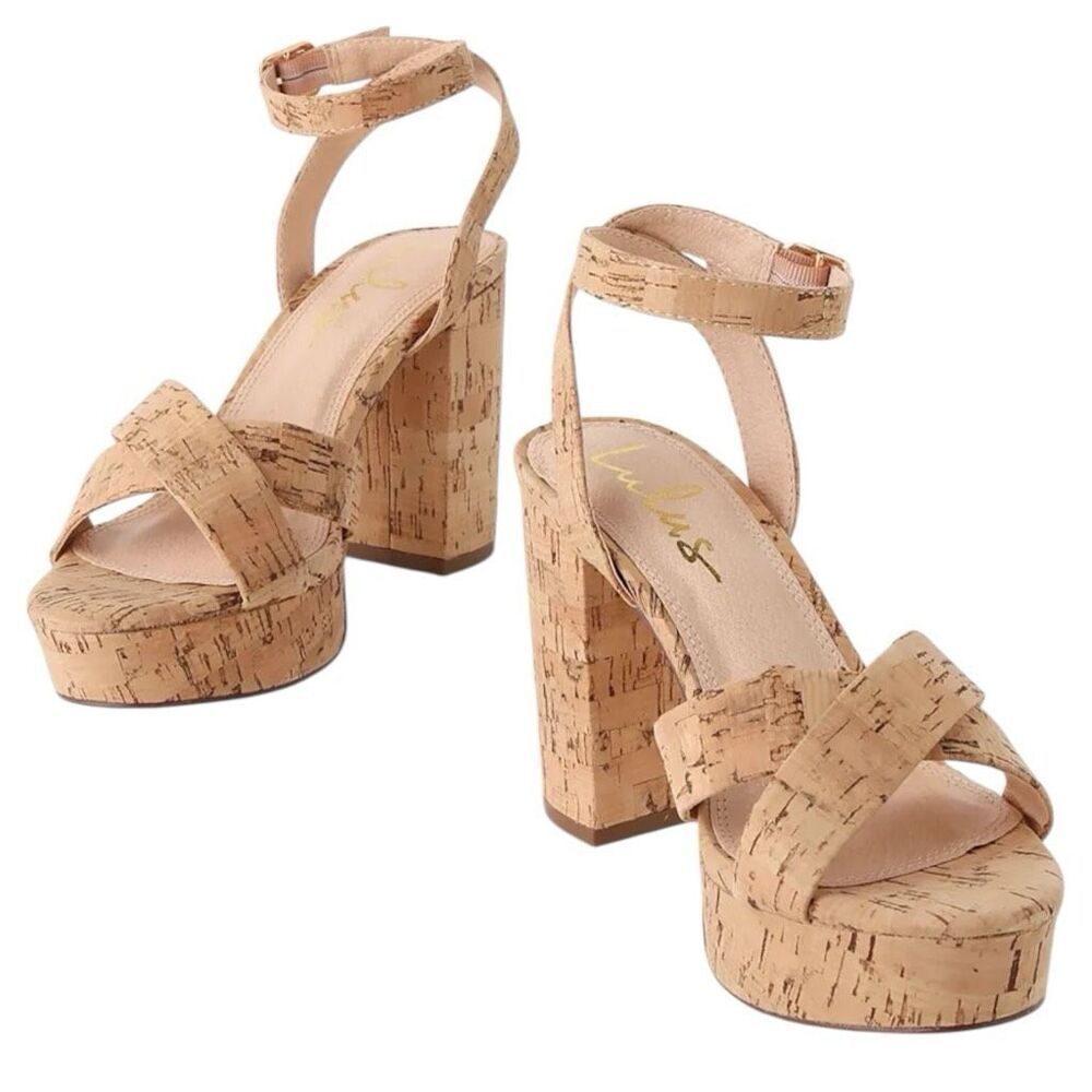 NEW Lulus Selah Cork Ankle Strap Block Heel Sandals Size 6 Platform